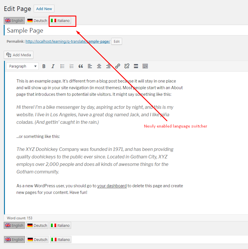 Additional language in the post or page editor in Q-Translate plugin